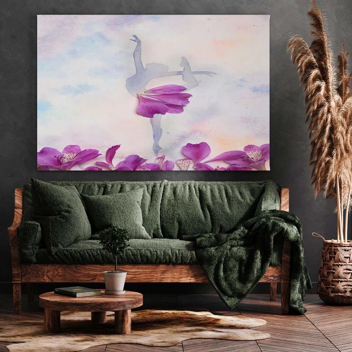 Impression sur toile - Image sur toile - Une danseuse en robe à pétales de fleurs sur fond pastel - 100x70cm - Délicat comme une fleur - Décoration murale moderne pour le salon et la chambre ARTTOR