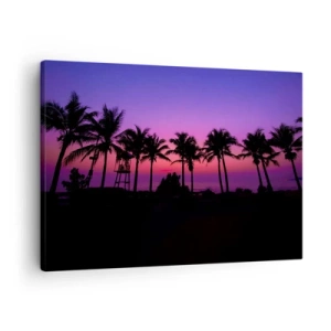 Impression sur toile - Image sur toile - Silhouettes de palmiers sur un ciel de coucher de soleil rose-violet - 70x50cm - Soirée sous les palmiers - Décoration murale moderne pour le salon et la chambre ARTTOR