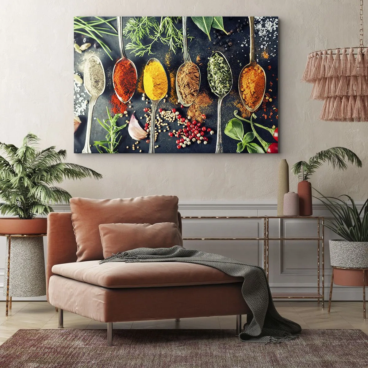 Impression sur toile - Image sur toile - Épices colorées sur des cuillères avec des herbes en arrière-plan - 100x70cm - Magie culinaire - Décoration murale moderne pour le salon et la chambre ARTTOR