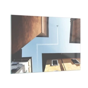 Impression sur verre - Image sur verre - Un avion au-dessus de la ville vu depuis une cour entre des immeubles - 70x50cm - Au-dessus du labyrinthe de la ville - Décoration murale moderne pour le salon et la chambre ARTTOR
