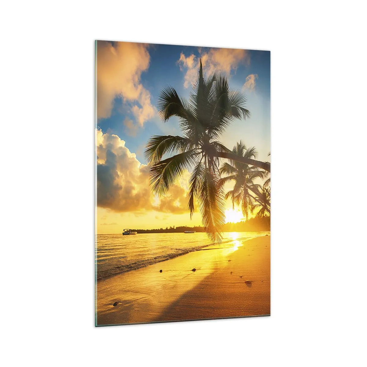 Impression sur verre - Image sur verre - Plage au coucher du soleil avec des palmiers au bord de la mer - 70x100cm - Rêve caribéen - Décoration murale moderne pour le salon et la chambre ARTTOR