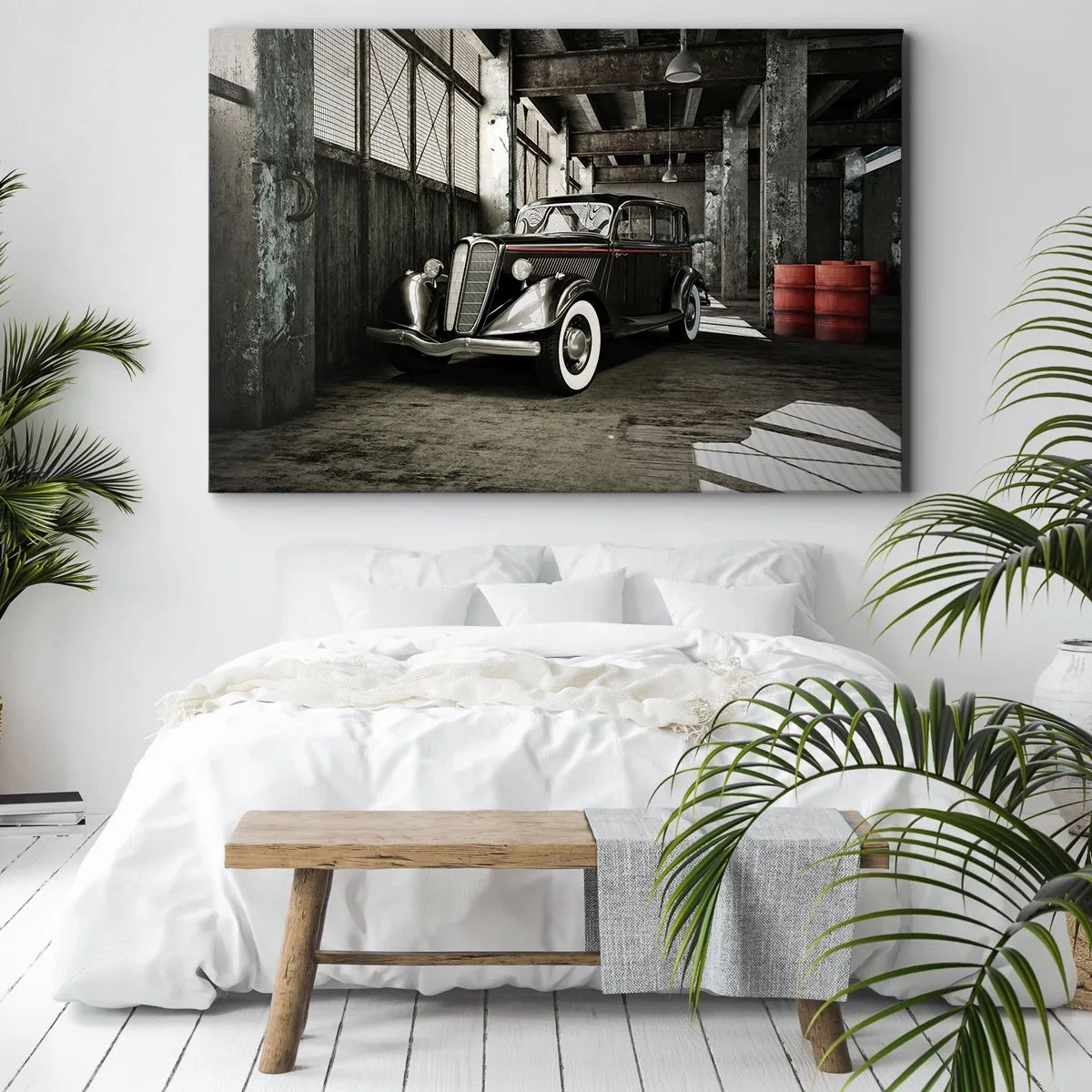 Impression sur toile - Image sur toile - Voiture rétro élégante dans un entrepôt brut - 70x50cm - L'élégance éternelle des années 30 - Décoration murale moderne pour le salon et la chambre ARTTOR