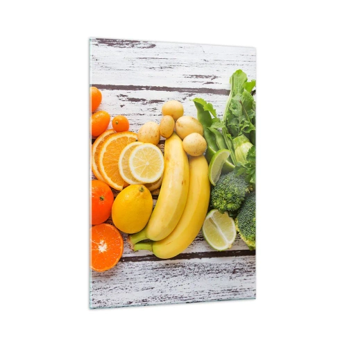 Impression sur verre - Image sur verre - Fruits et légumes colorés sur fond de bois - 70x100cm - Ce n'est pas suffisant? - Décoration murale moderne pour le salon et la chambre ARTTOR