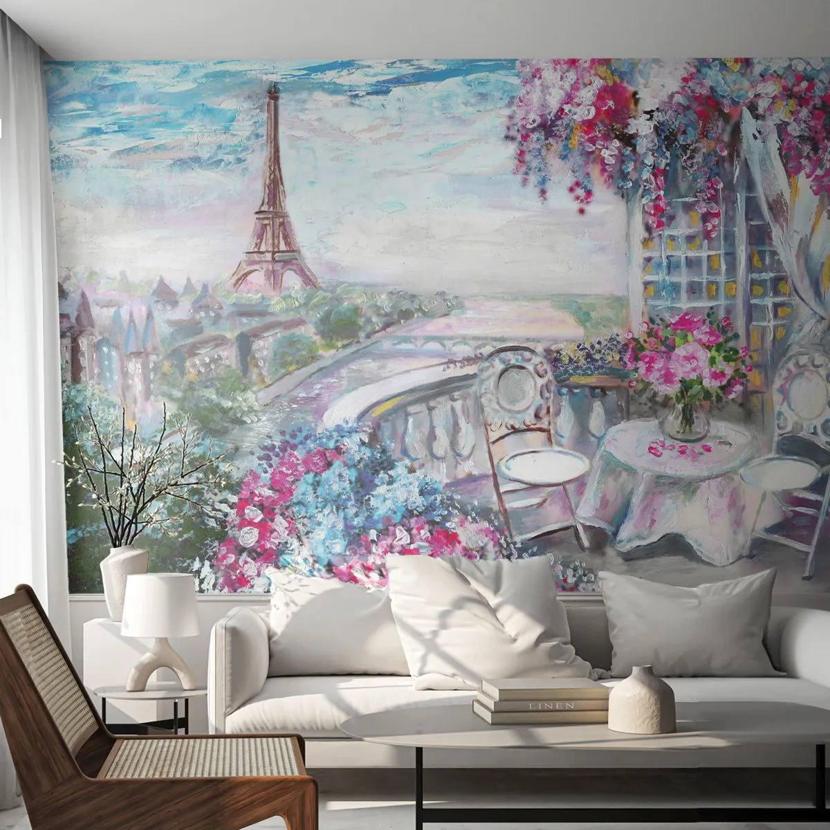 Papier Peint Photo Premium Sand - Vue romantique de la Tour Eiffel depuis le balcon - 100x70cm - C'est le plus beau ici en mai - Décoration murale moderne pour le salon et la chambre ARTTOR