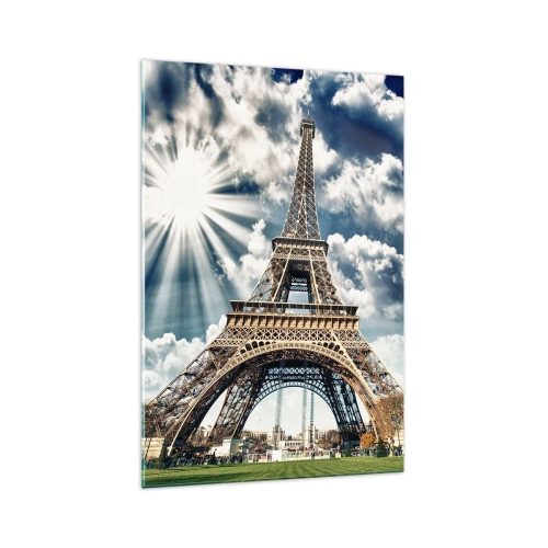 Impression sur verre - Image sur verre - La Tour Eiffel sous un ciel ensoleillé avec des nuages - 70x100cm - La seule et unique sous le soleil - Décoration murale moderne pour le salon et la chambre ARTTOR