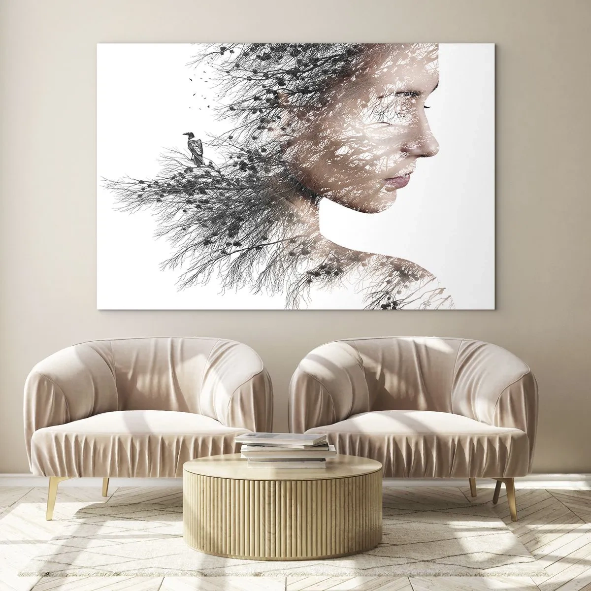 Impression sur verre - Image sur verre - Portrait d'une femme avec des branches en arrière-plan - 120x80cm - L'âme de la forêt - Décoration murale moderne pour le salon et la chambre ARTTOR
