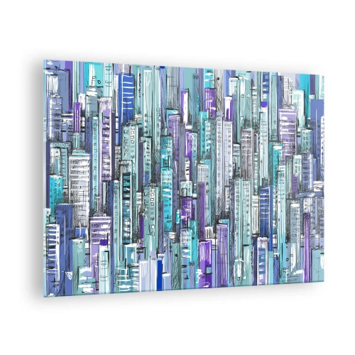 Impression sur verre - Image sur verre - Illustration d'une ville pleine de gratte-ciels aux teintes froides - 70x50cm - Bleuâtre avec le ciel - Décoration murale moderne pour le salon et la chambre ARTTOR
