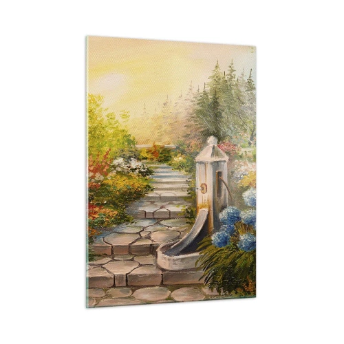 Impression sur verre - Image sur verre - Un jardin fleuri avec une fontaine en pleine floraison - 50x70cm - En pleine floraison - Décoration murale moderne pour le salon et la chambre ARTTOR