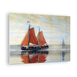 Impression sur verre - Image sur verre - Voiliers sur une mer calme au coucher du soleil - 70x50cm - He, navigue, marin - Décoration murale moderne pour le salon et la chambre ARTTOR