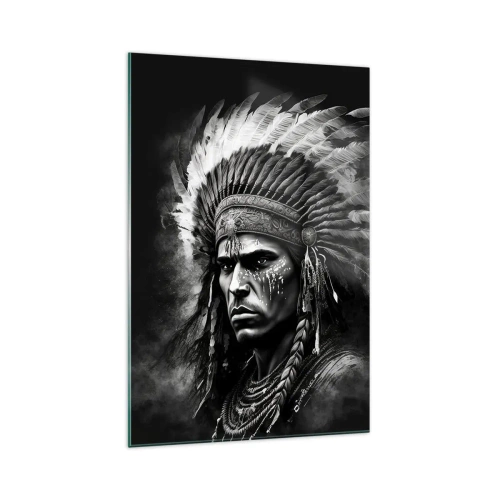 Impression sur verre - Image sur verre - Portrait d'un chef portant une coiffe à plumes sur fond noir - 70x100cm - Un leader et un guerrier - Décoration murale moderne pour le salon et la chambre ARTTOR