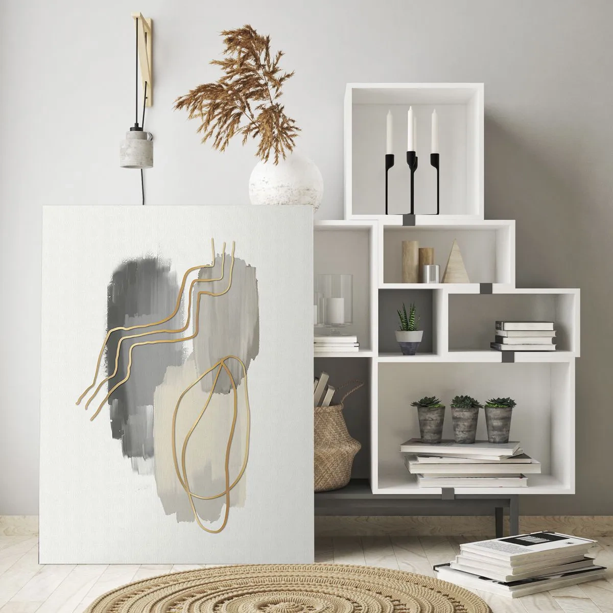 Impression sur verre - Image sur verre - Lignes dorées abstraites sur fond gris - 70x100cm - Durée et mouvement - Décoration murale moderne pour le salon et la chambre ARTTOR