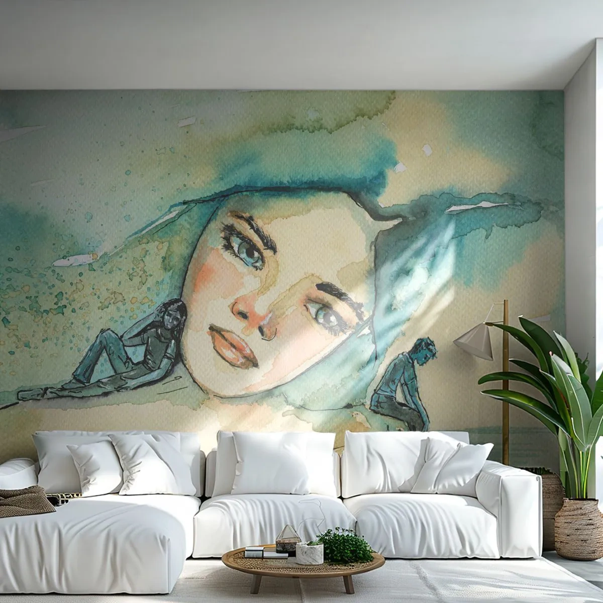 Papier Peint Photo Premium Sand - Un portrait artistique d'une femme dans une composition aquarelle émotionnelle. - 100x70cm - Suis-je bleu? - Décoration murale moderne pour le salon et la chambre ARTTOR