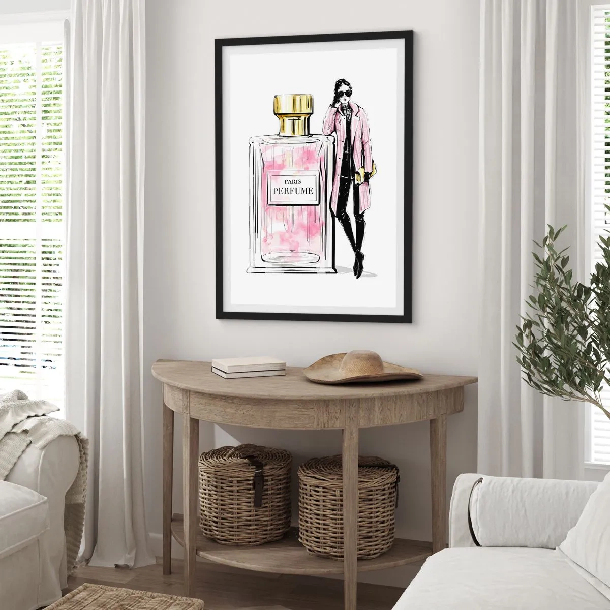 Affiche dans un cadre noir - Poster - Un flacon de parfum élégant avec la silhouette d'une femme élégante - 50x70cm - La sensualité parisienne - Décoration murale moderne pour le salon et la chambre ARTTOR