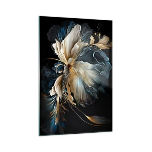 Impression sur verre - Image sur verre - Une fleur dans les tons or et bleu marine sur fond noir - 70x100cm - Fleur de fougère de conte de fées - Décoration murale moderne pour le salon et la chambre ARTTOR