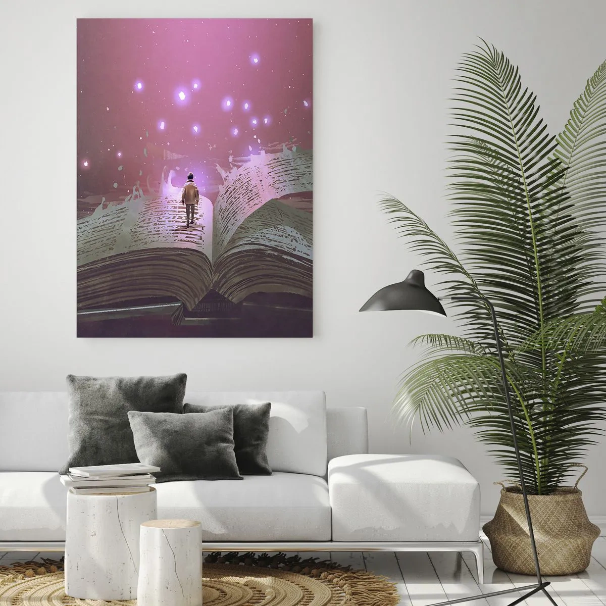 Impression sur verre - Image sur verre - Un livre ouvert d'où flottent lumière magique et étoiles - 50x70cm - Invitation à un autre monde - lisez ! - Décoration murale moderne pour le salon et la chambre ARTTOR