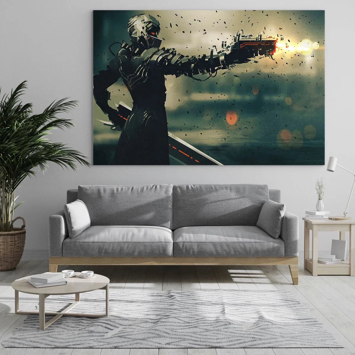 Impression sur verre - Image sur verre - Un cyber-guerrier de style futuriste avec des armes énergétiques - 120x80cm - L'arme fatale - Votre propre Terminator - Décoration murale moderne pour le salon et la chambre ARTTOR