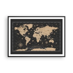 Affiche dans un cadre noir - Poster - Une carte du monde stylisée sur fond noir avec des accents beiges. - 100x70cm - Les limites de mon monde - Décoration murale moderne pour le salon et la chambre ARTTOR