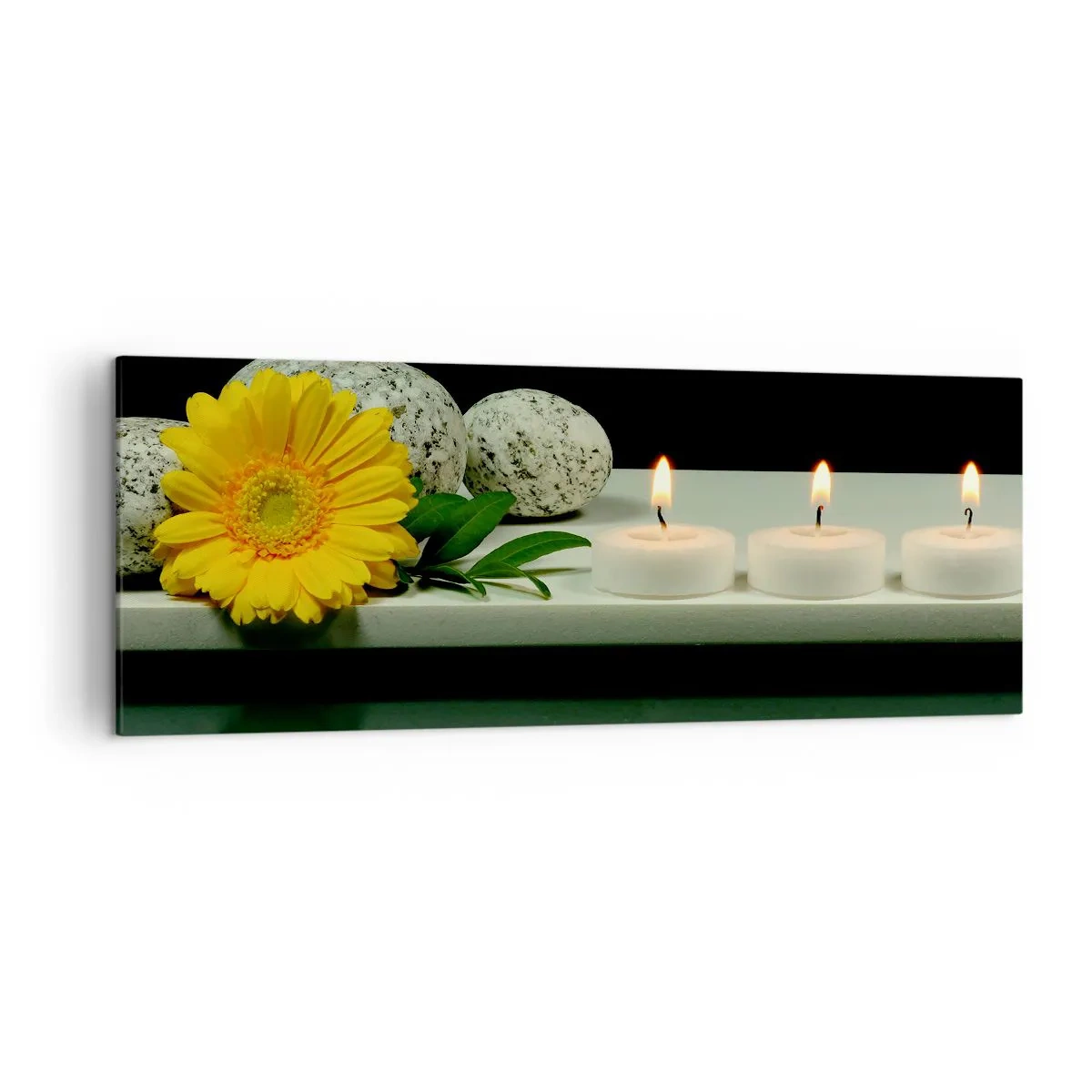 Impression sur toile - Image sur toile - Fleur jaune, bougies et pierres sur fond d'eau - 140x50cm - Apaisement des sens - Décoration murale moderne pour le salon et la chambre ARTTOR