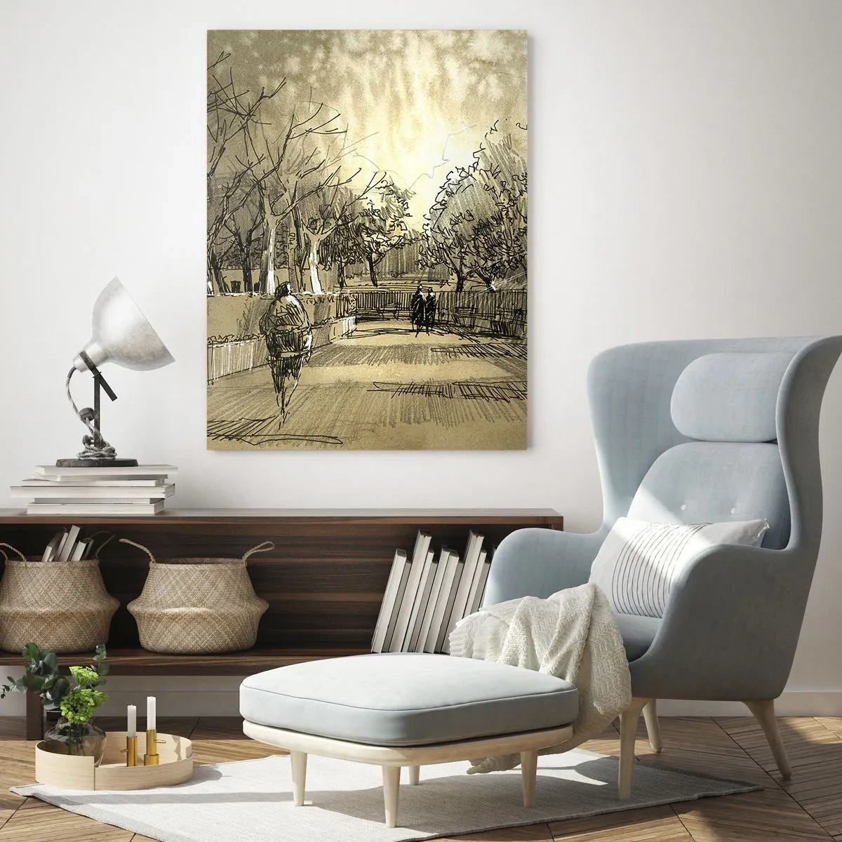 Impression sur verre - Image sur verre - Un dessin d'un parc avec des sentiers et des gens qui marchent - 50x70cm - Un moment arrêté avec une plume - Décoration murale moderne pour le salon et la chambre ARTTOR