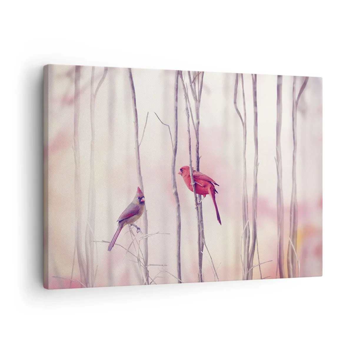 Impression sur toile - Image sur toile - Un couple de cardinaux perchés sur des branches dans un paysage pastel - 70x50cm - Conte de la forêt rose - Décoration murale moderne pour le salon et la chambre ARTTOR