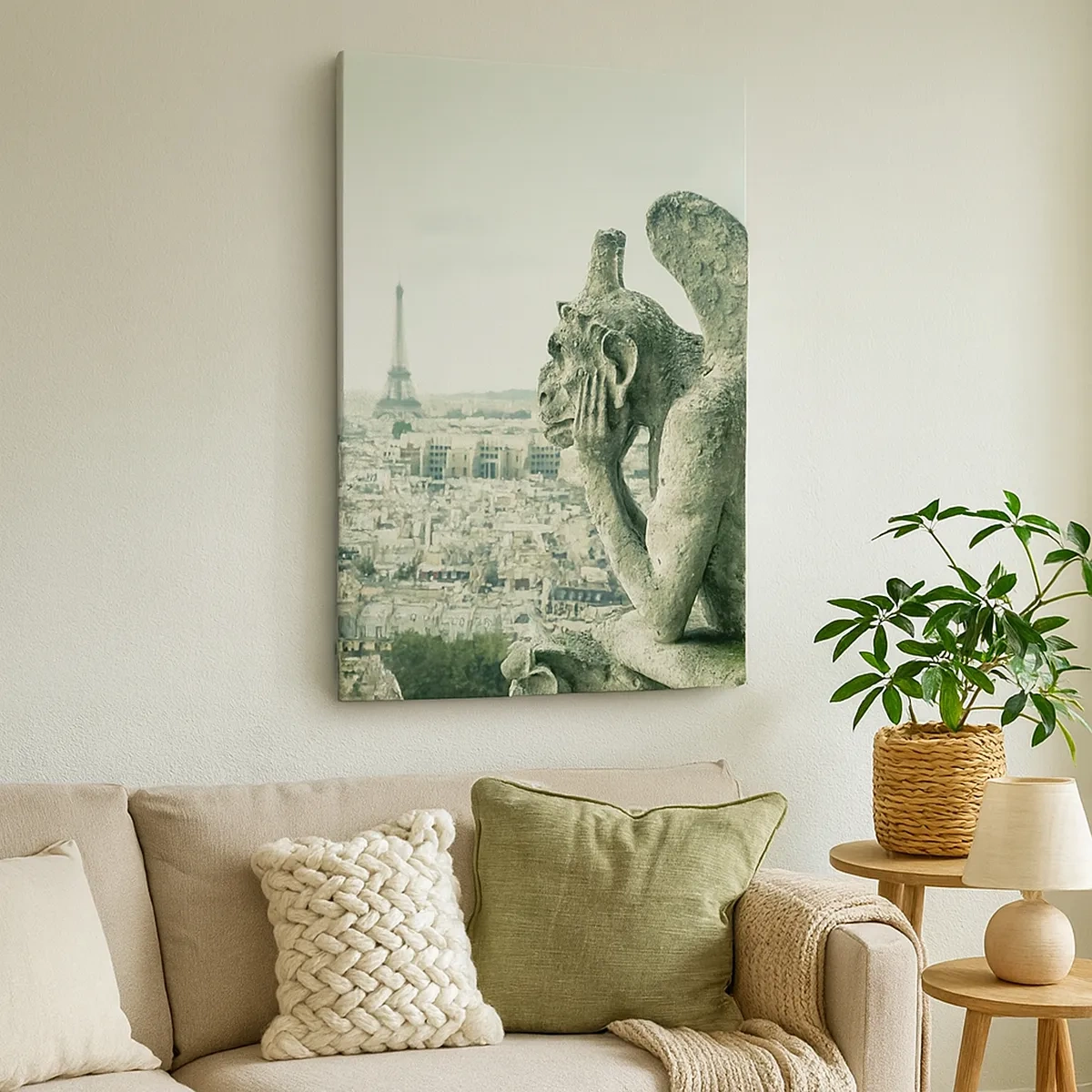 Impression sur toile - Image sur toile - Gargouilles surplombant les toits de Paris et la Tour Eiffel - 50x70cm - Bavardage parisien - Décoration murale moderne pour le salon et la chambre ARTTOR