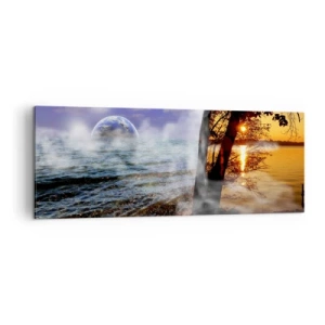 Impression sur toile - Image sur toile - Paysage fantastique avec mer, arbre et coucher de soleil. - 140x50cm - Paysage surréaliste - unité de la nature - Décoration murale moderne pour le salon et la chambre ARTTOR