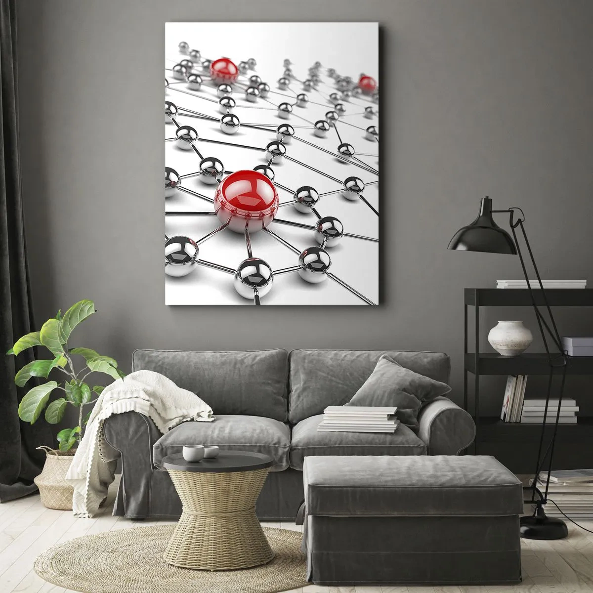 Impression sur toile - Image sur toile - Un réseau de boules métalliques aux accents rouges - 70x100cm - Toile argentée - Décoration murale moderne pour le salon et la chambre ARTTOR