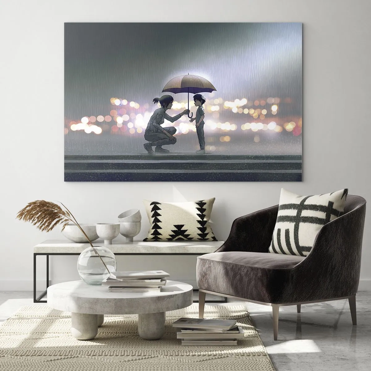 Impression sur verre - Image sur verre - Personnages sous la pluie avec des parapluies sur fond de lumières nocturnes - 120x80cm - Et maintenant, tout va bien - Décoration murale moderne pour le salon et la chambre ARTTOR
