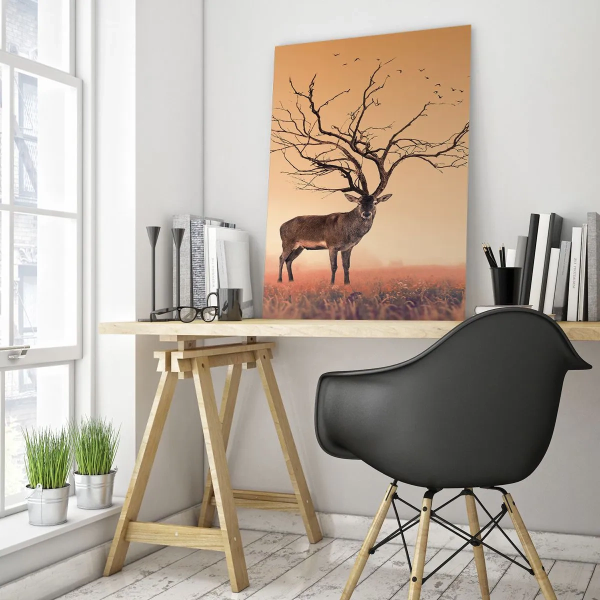 Impression sur verre - Image sur verre - Illustration d'un cerf avec un arbre comme bois - 50x70cm - Cerf de Pra - l'esprit éternel de la forêt - Décoration murale moderne pour le salon et la chambre ARTTOR