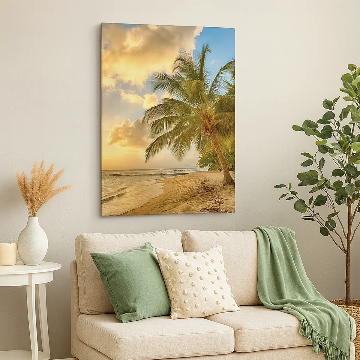 Impression sur toile - Image sur toile - Plage avec palmiers et coucher de soleil sur l'océan - 50x70cm - Été éternel, toujours des vacances - Décoration murale moderne pour le salon et la chambre ARTTOR