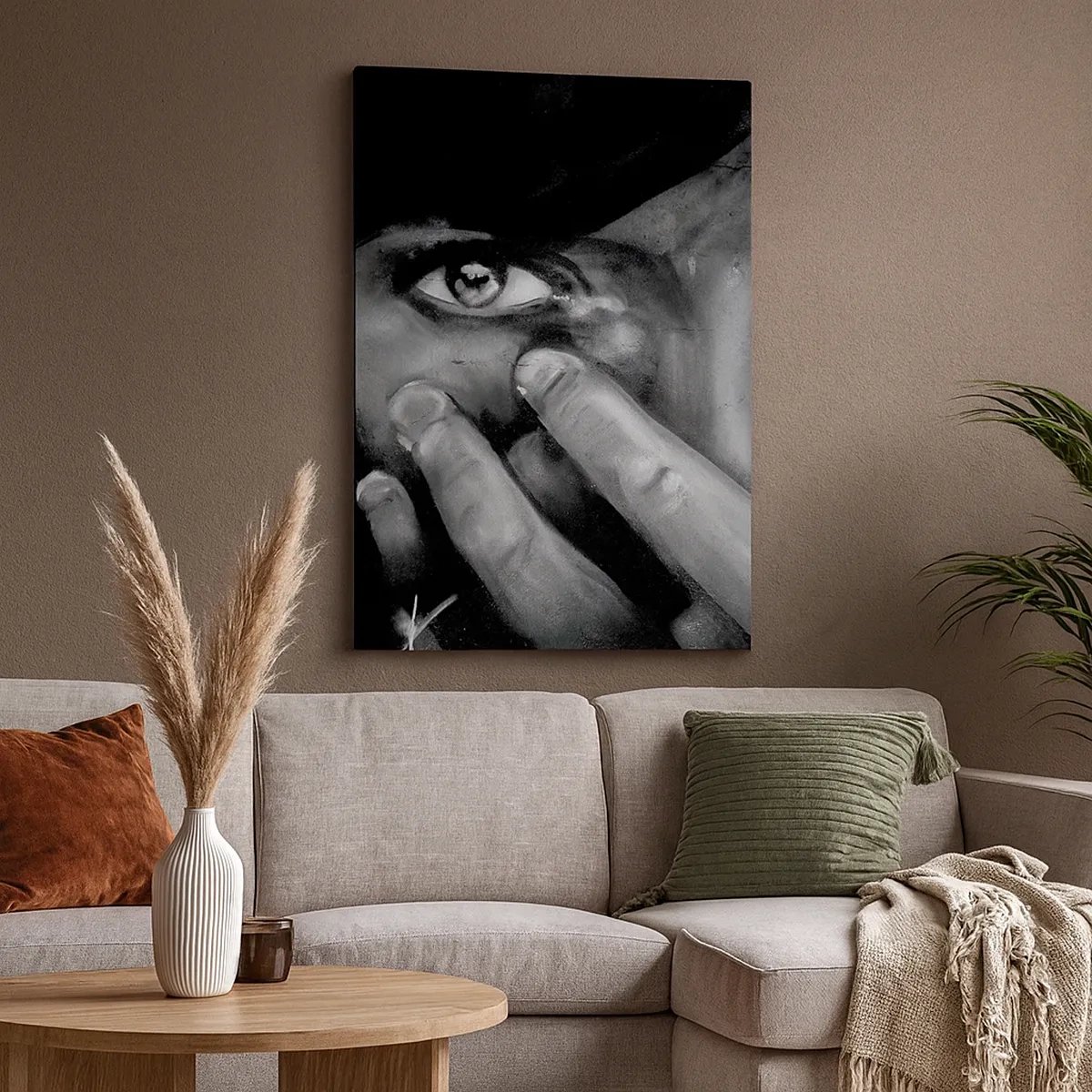 Impression sur toile - Image sur toile - Portrait en noir et blanc d'une femme se couvrant le visage avec ses mains. - 50x70cm - Je ne dirai pas qui a peint - Décoration murale moderne pour le salon et la chambre ARTTOR