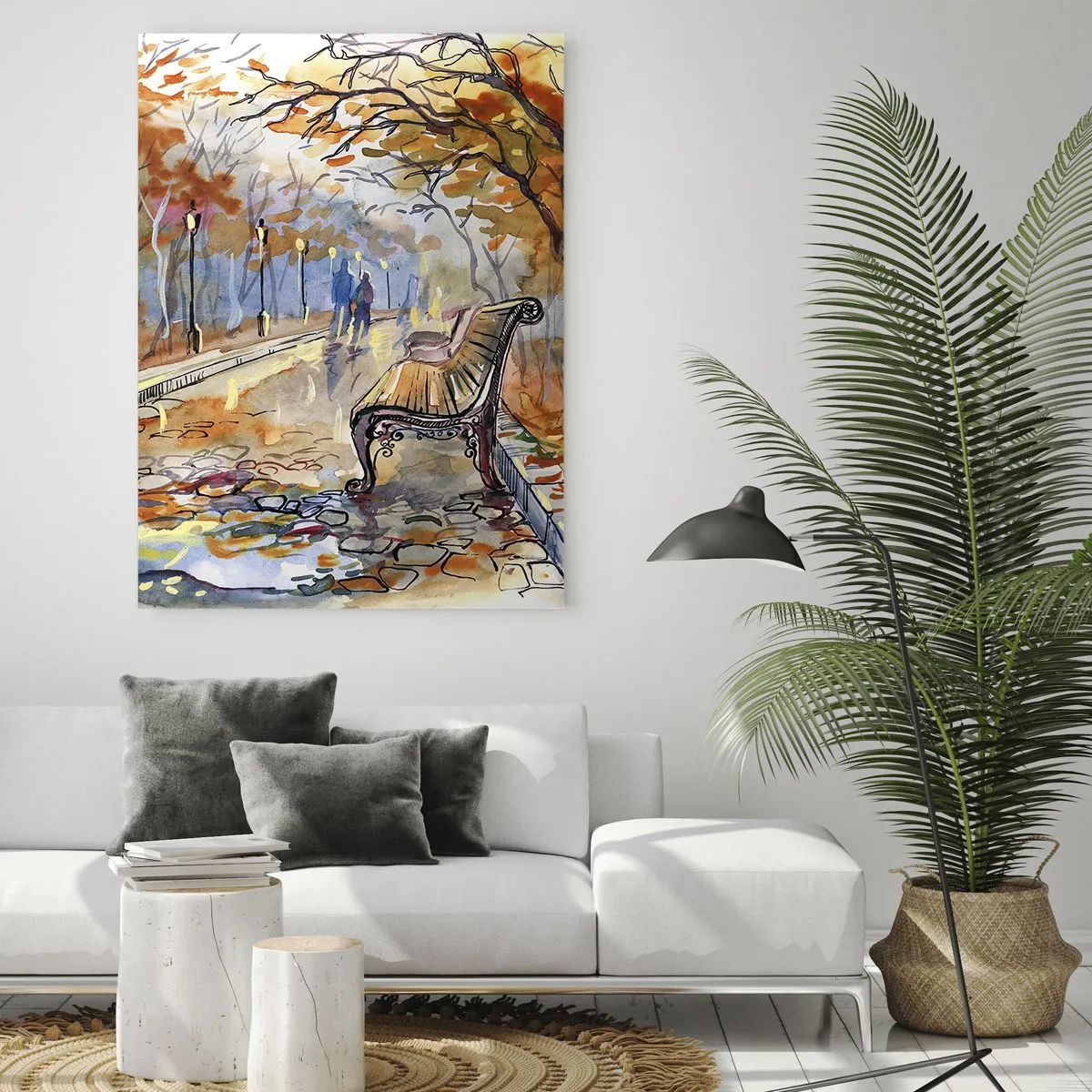 Impression sur verre - Image sur verre - Une allée d'automne avec un banc dans un style aquarelle artistique - 50x70cm - Errer ensemble à l'automne - Décoration murale moderne pour le salon et la chambre ARTTOR