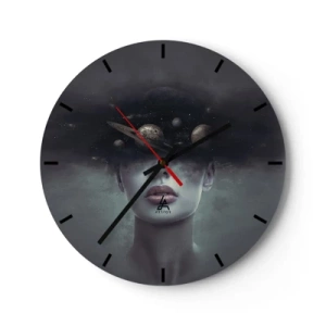 Horloge murale - Pendule murale - Une composition cosmique de planètes dans la tête d'une femme sur un fond sombre. - 30x30cm - Et les planètes deviennent folles... - Décoration murale moderne pour le salon, la cuisine et la chambre ARTTOR