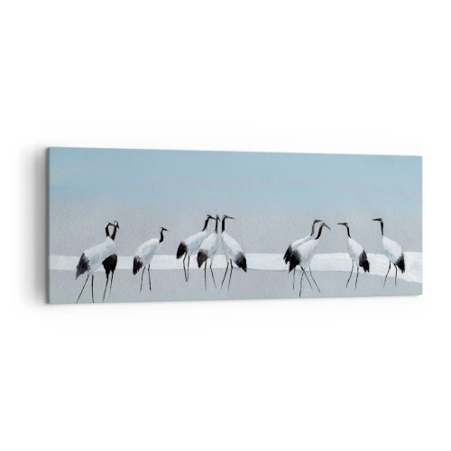 Impression sur toile - Image sur toile - Un groupe de grues contre un ciel bleu et le soleil levant - 140x50cm - Après une chaude journée - Décoration murale moderne pour le salon et la chambre ARTTOR