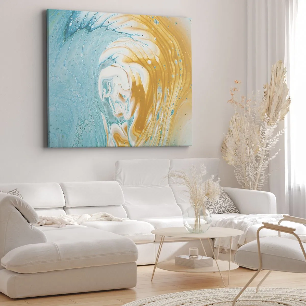 Impression sur toile - Image sur toile - Vagues abstraites dans des tons de bleu et d'or sur toile - 120x80cm - Tourbillon pastel - Décoration murale moderne pour le salon et la chambre ARTTOR