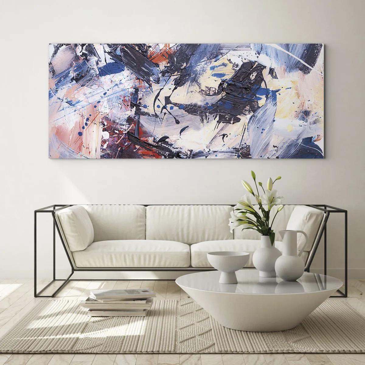 Impression sur verre - Image sur verre - Abstraction avec des coups de pinceau dynamiques en bleu et rouge. - 160x50cm - La danse folle de l'abstrait - Décoration murale moderne pour le salon et la chambre ARTTOR