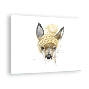 Impression sur verre - Image sur verre - Un chevreuil dans un bonnet en laine avec un pompon - 70x50cm - Pour l'hiver dans la forêt enneigée - Décoration murale moderne pour le salon et la chambre ARTTOR
