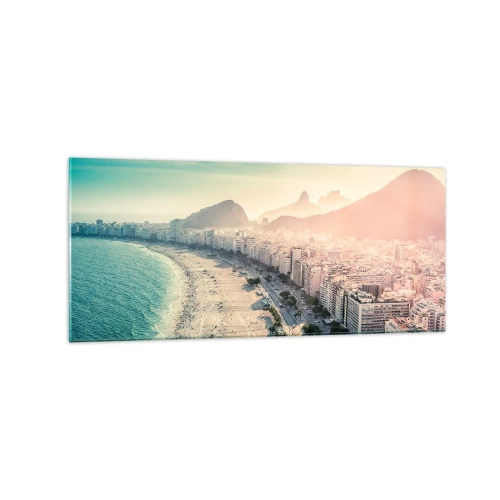 Impression sur verre - Image sur verre - Panorama de la plage de Copacabana avec les montagnes en arrière-plan à Rio de Janeiro - 120x50cm - Vacances éternelles à Rio - Décoration murale moderne pour le salon et la chambre ARTTOR