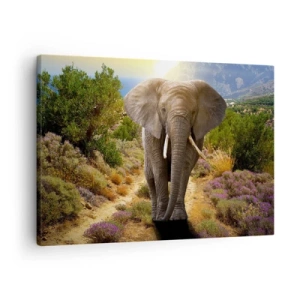 Impression sur toile - Image sur toile - Un éléphant d'Afrique dans un paysage de savane et de montagne - 70x50cm - Voilà à quoi ressemblait l'Eden - Décoration murale moderne pour le salon et la chambre ARTTOR