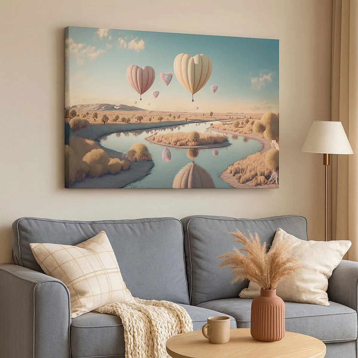 Impression sur toile - Image sur toile - Des ballons en forme de cœur flottant au-dessus du paysage - 70x50cm - L'amour te permet de t'élever - Décoration murale moderne pour le salon et la chambre ARTTOR