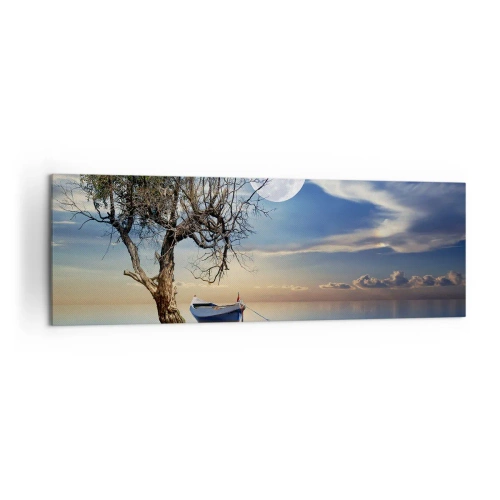 Impression sur toile - Image sur toile - Un arbre solitaire et un bateau sur une eau calme sous la pleine lune. - 160x50cm - Est-ce la fin ou le début ? - Décoration murale moderne pour le salon et la chambre ARTTOR