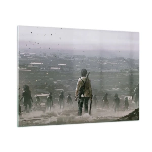 Impression sur verre - Image sur verre - Une silhouette avec un fusil dans le décor sombre d'un groupe qui s'approche - 100x70cm - Dernier samaritain ? - Décoration murale moderne pour le salon et la chambre ARTTOR