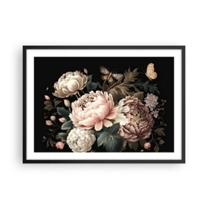 Affiche dans un cadre noir - Poster - Un bouquet de fleurs roses et de papillons sur fond noir - 70x50cm - De style baroque - Décoration murale moderne pour le salon et la chambre ARTTOR