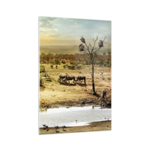 Impression sur verre - Image sur verre - Éléphants et animaux sauvages à un point d'eau au coucher du soleil - 70x100cm - "Et d'Eden coulait une rivière..." - Décoration murale moderne pour le salon et la chambre ARTTOR