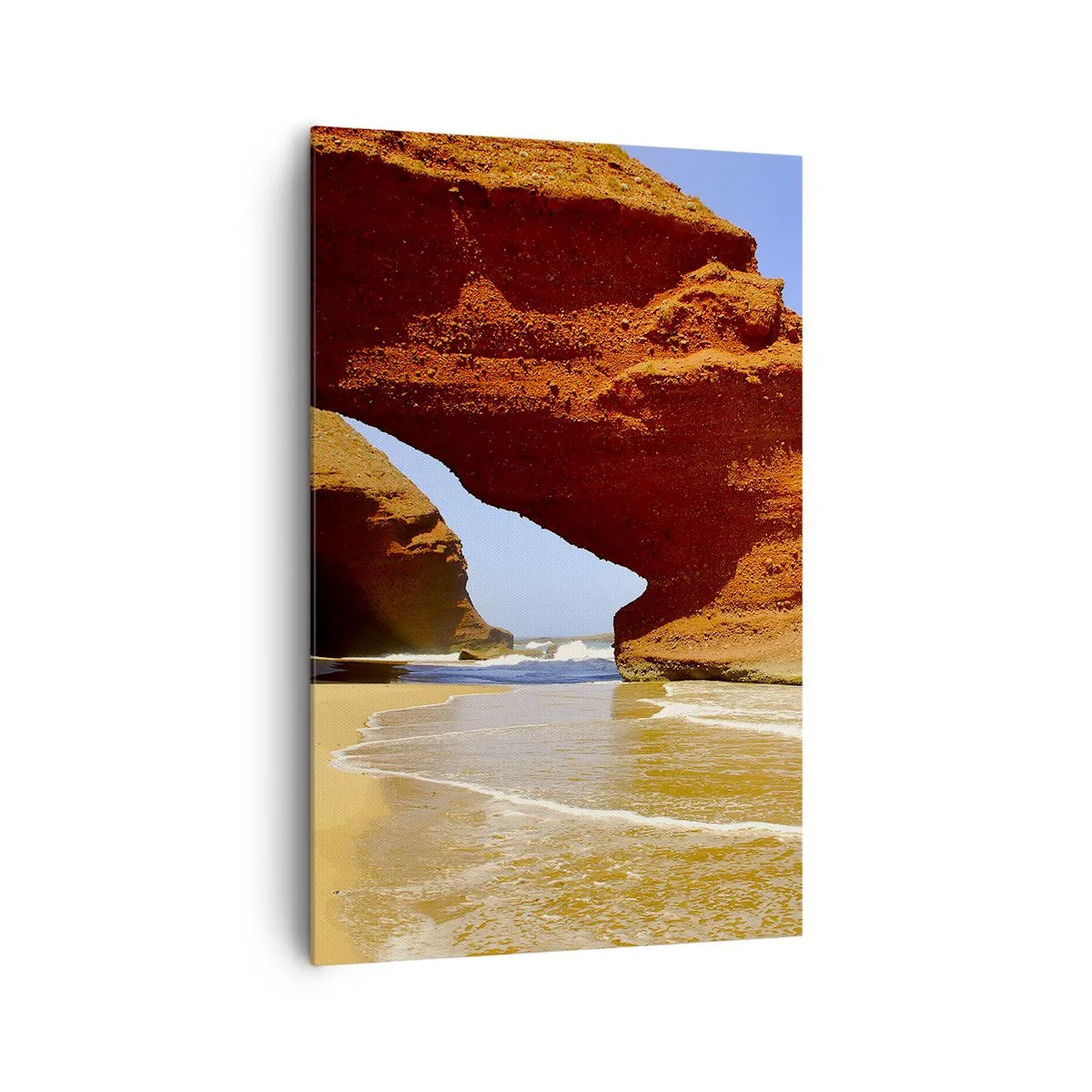 Impression sur toile - Image sur toile - Une arche rocheuse naturelle sur une plage avec un ciel bleu et des vagues - 80x120cm - L'eau et le vent depuis des milliers d'années - Décoration murale moderne pour le salon et la chambre ARTTOR