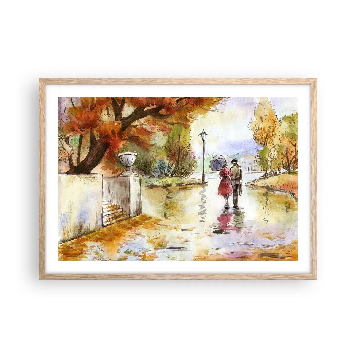 Affiche dans un chêne clair - Poster - Automne romantique dans le parc - 70x50 cm