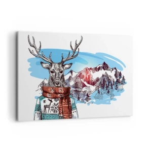 Impression sur toile - Image sur toile - Un cerf dans un pull d'hiver sur fond de paysage de montagne - 120x80cm - Même le cerf ne gèle pas - Décoration murale moderne pour le salon et la chambre ARTTOR