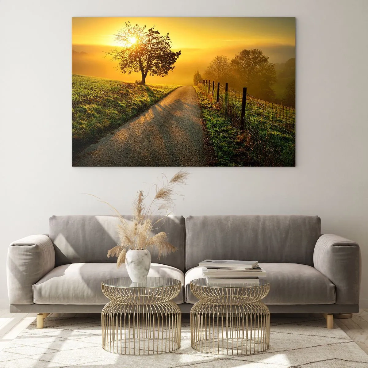 Impression sur verre - Image sur verre - Une route à travers un paysage rural au coucher du soleil - 120x80cm - Après-midi de miel - Décoration murale moderne pour le salon et la chambre ARTTOR