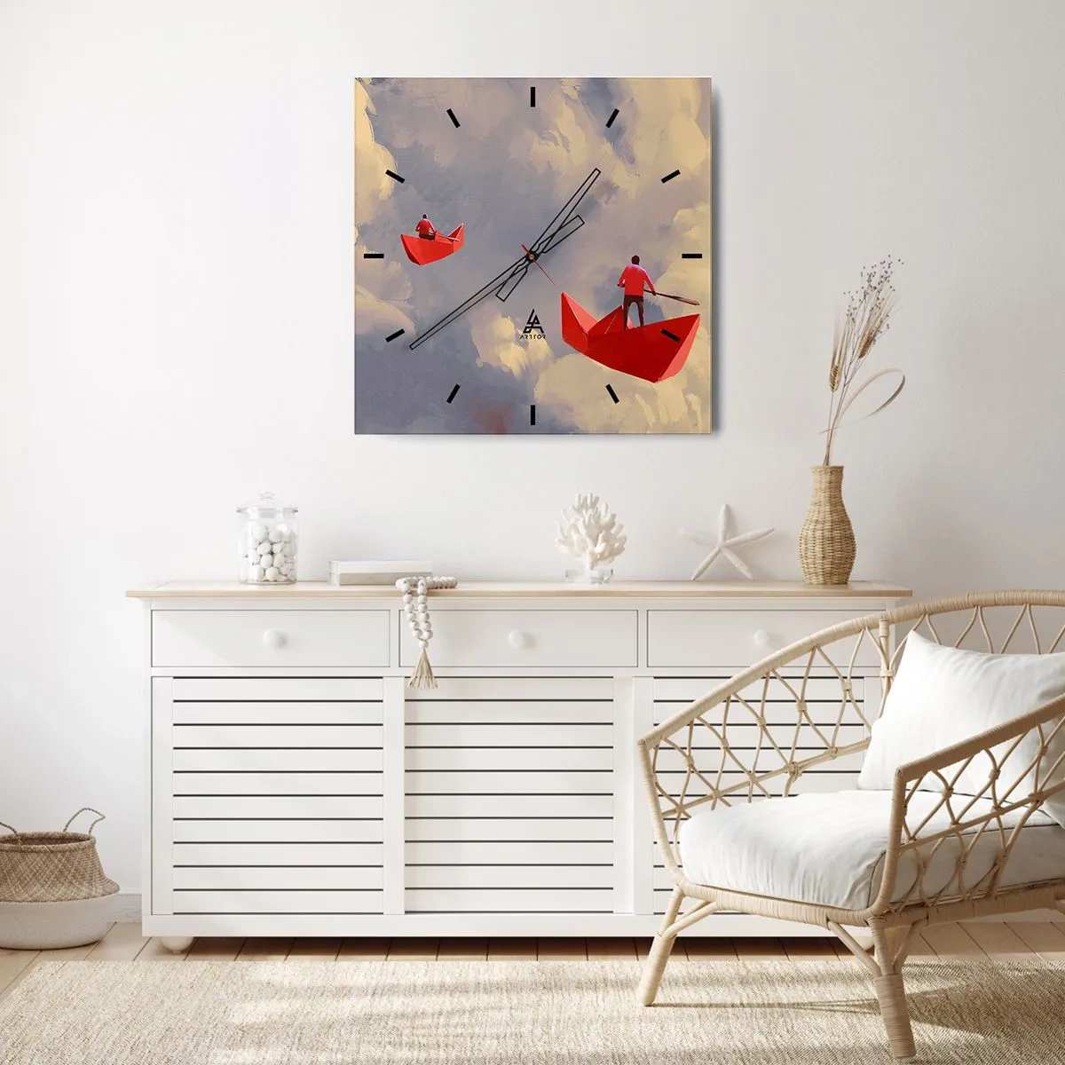 Horloge murale - Pendule murale - Bateaux en papier rouges flottant dans les nuages - 30x30cm - Expédition des Rêveurs - Décoration murale moderne pour le salon et la chambre ARTTOR