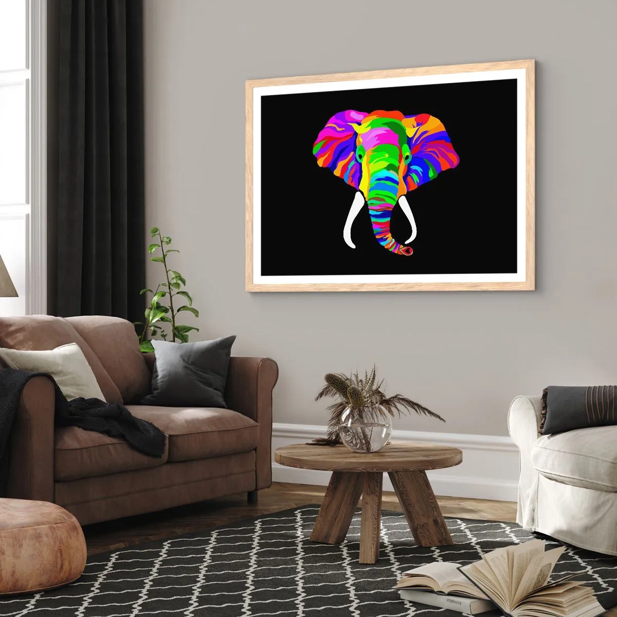 Affiche dans un chêne clair - Poster - L'éléphant qui aimait se baigner dans un arc-en-ciel - 40x30 cm